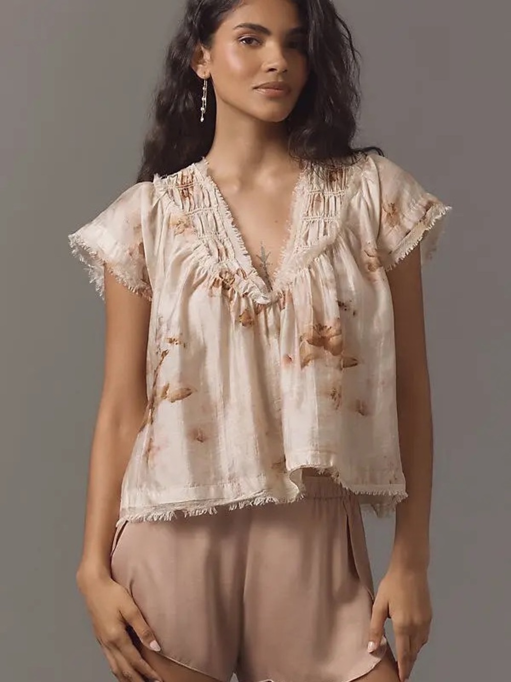 Anthropologie Blush Cream Floral V-Neck Ruffle Gauze Top
